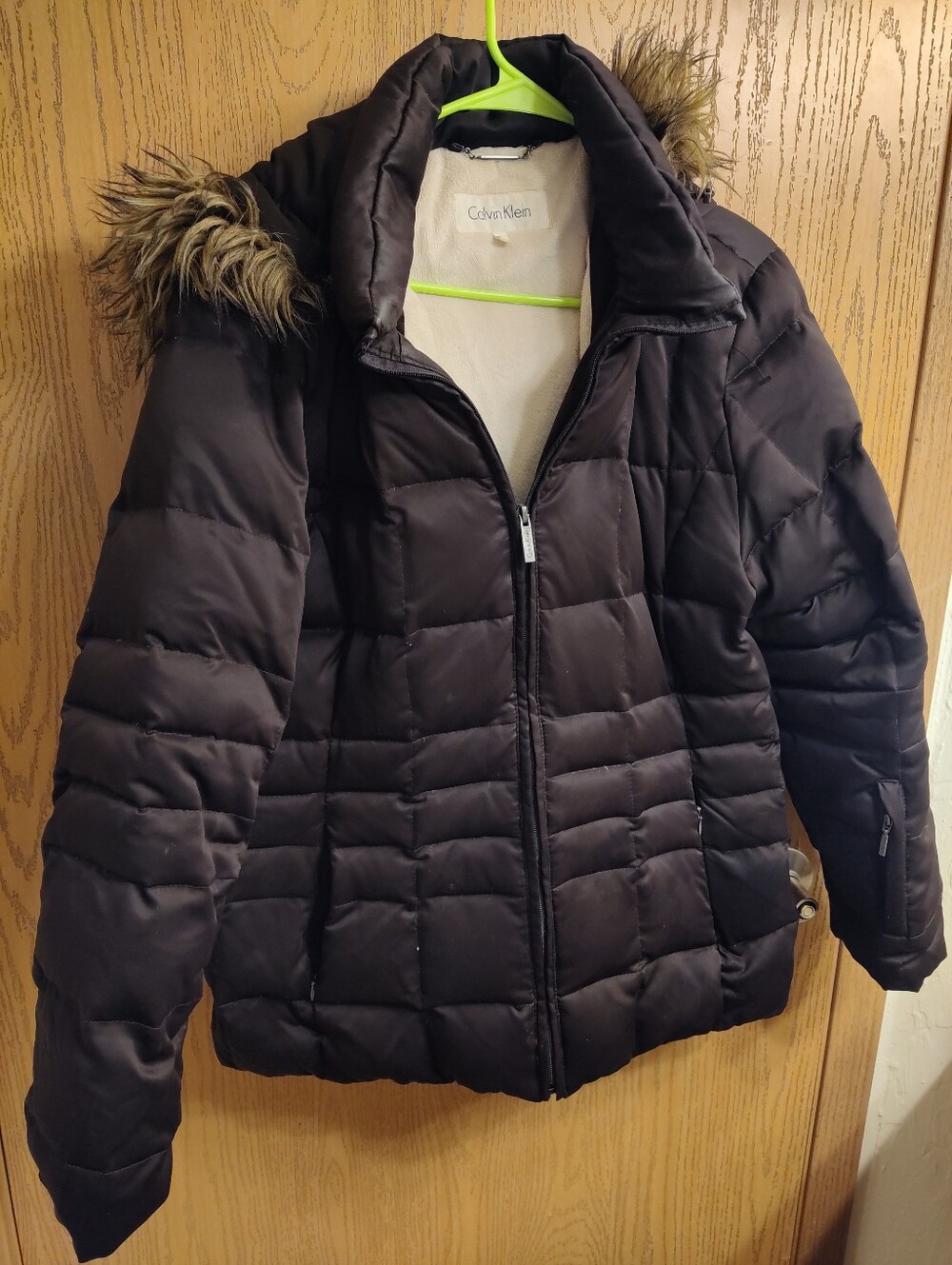Calvin Klein Brown Quilted Puffer Jacket with Faux Fur Trim